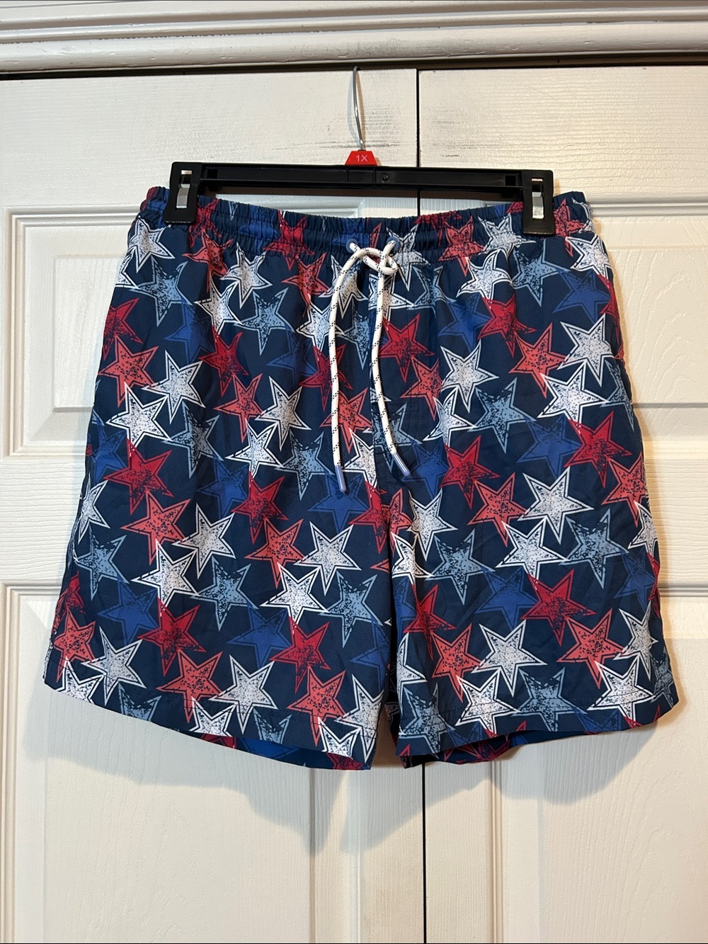 Southern Proper - M - Men's Navy Red White Star Print Swim Trunks